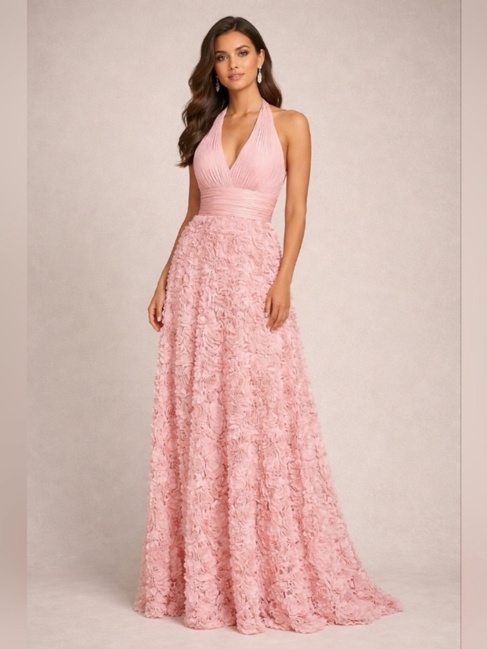 Aidan Mattox Blush Pink Rosette Appliqué Pleated V-Neck Formal Gown 6 Balletcore
